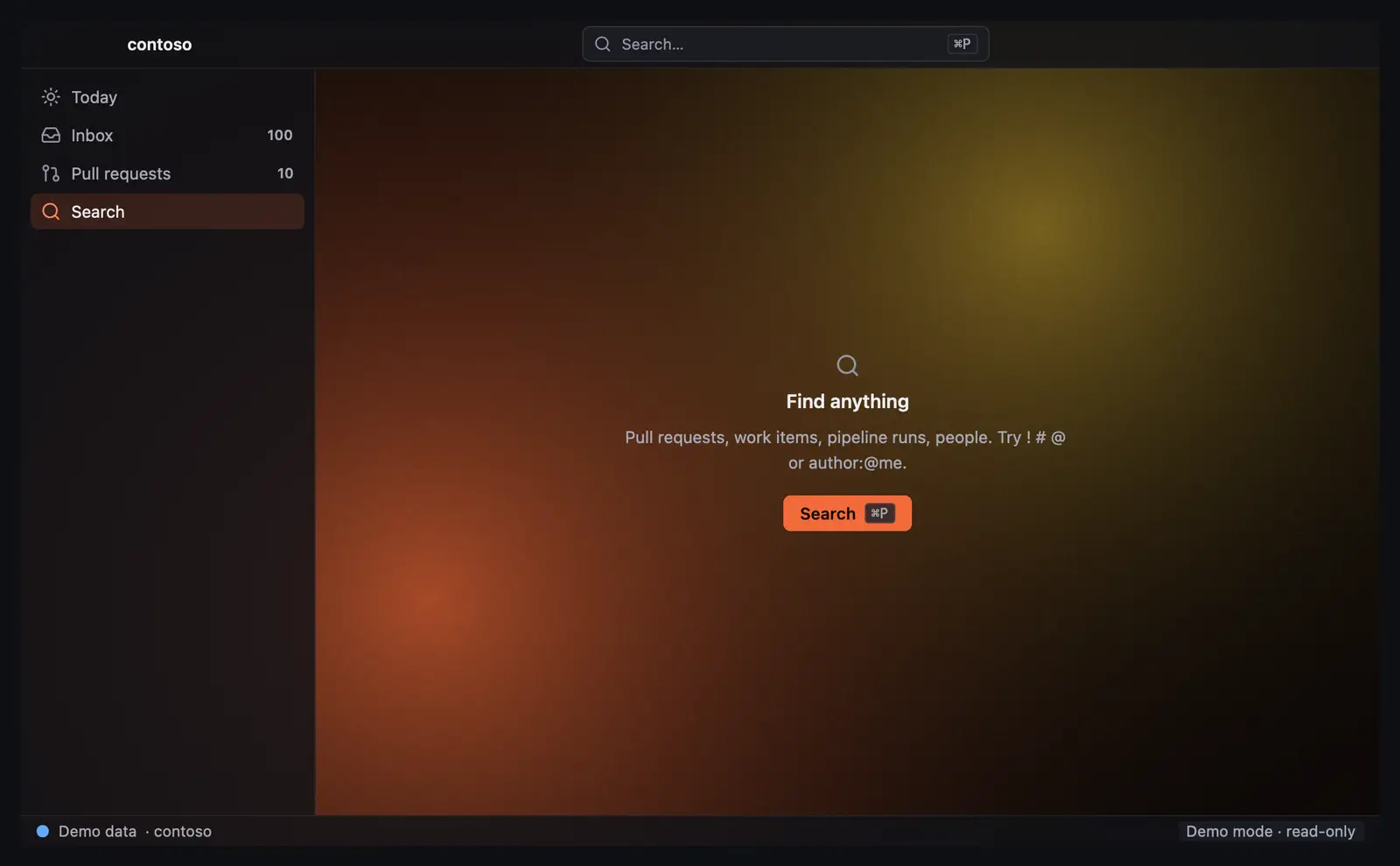 The app shell with the built-in Lantern background: warm orange and yellow glows behind the Search view.