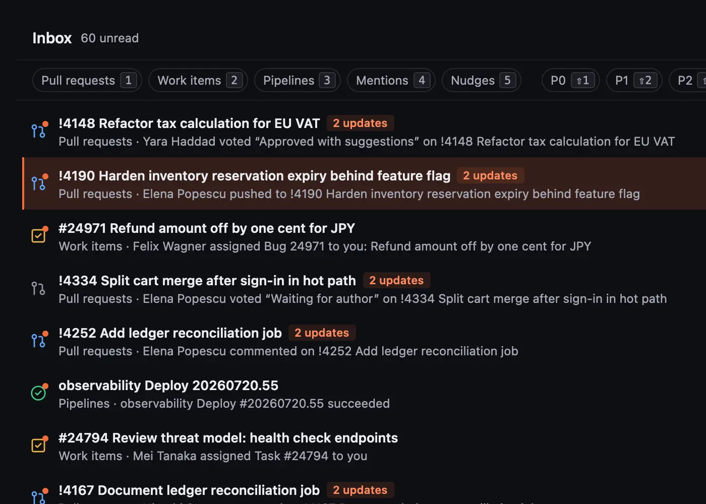 The Inbox in the Dojo Night theme.