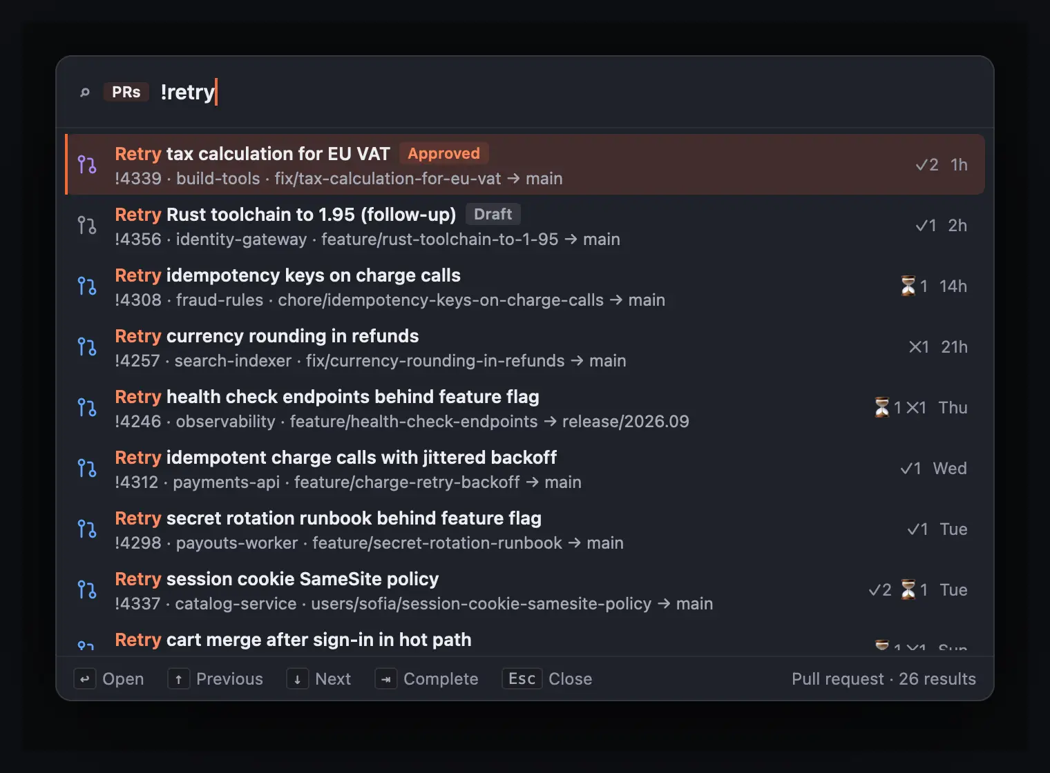 The Cmd+P palette scoped to pull requests with the query “!retry”, listing 26 matching PRs with repo, branch, votes and age.