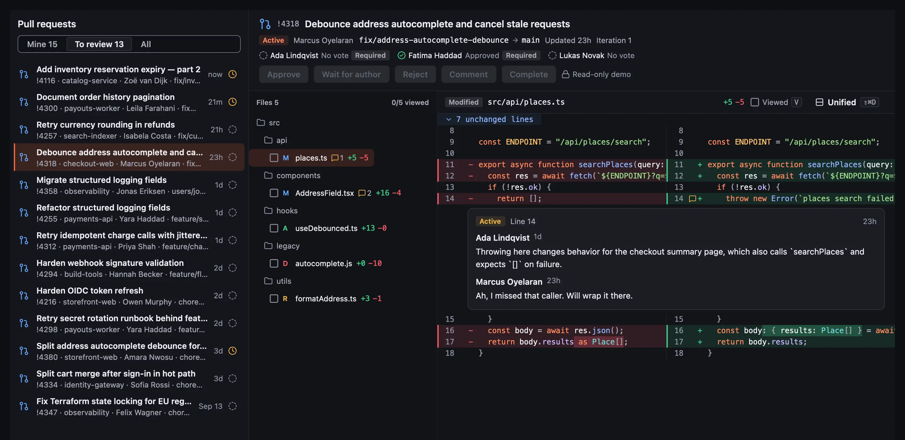 Pull request review: the “To review” list, a changed-files tree with viewed checkboxes, and a side-by-side diff of a TypeScript file with an inline comment thread.